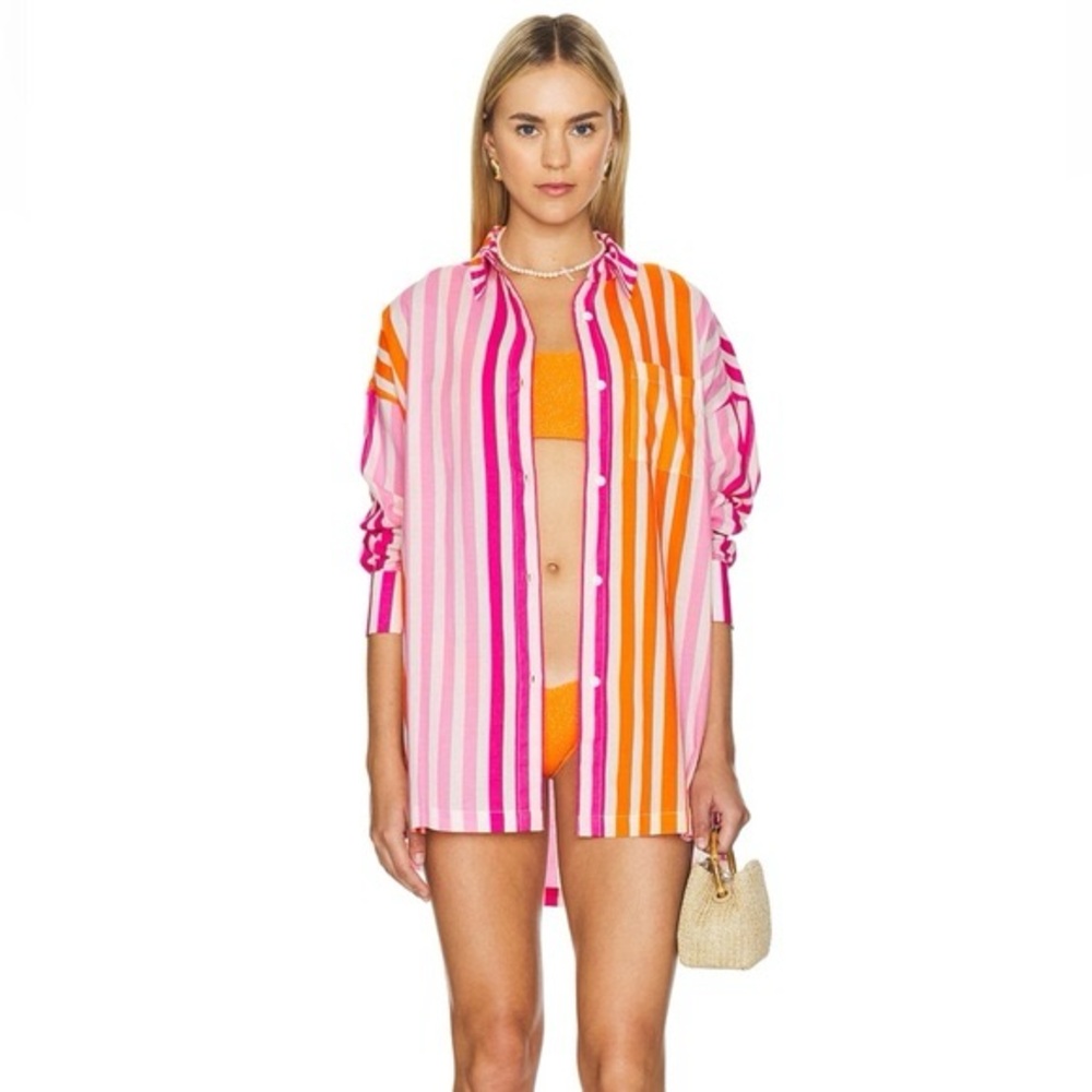 Beach Riot Alexa Top Swim CoverUp Striped Pink and Orange Button-Up Shirt SZ L